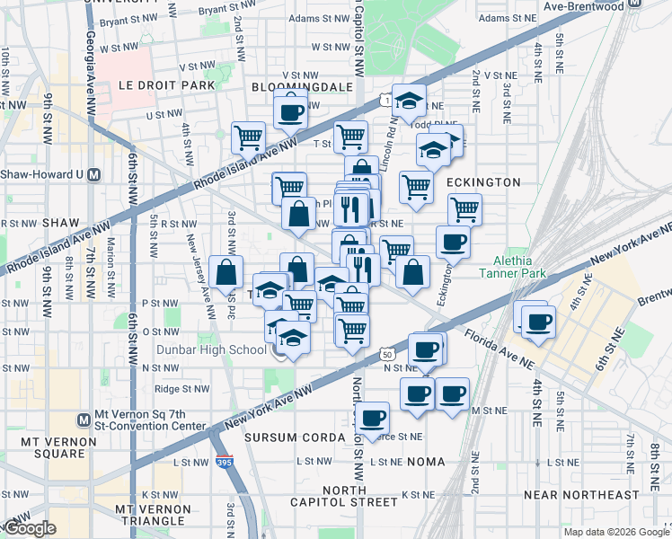 map of restaurants, bars, coffee shops, grocery stores, and more near 101 Independence Avenue Southeast in Washington
