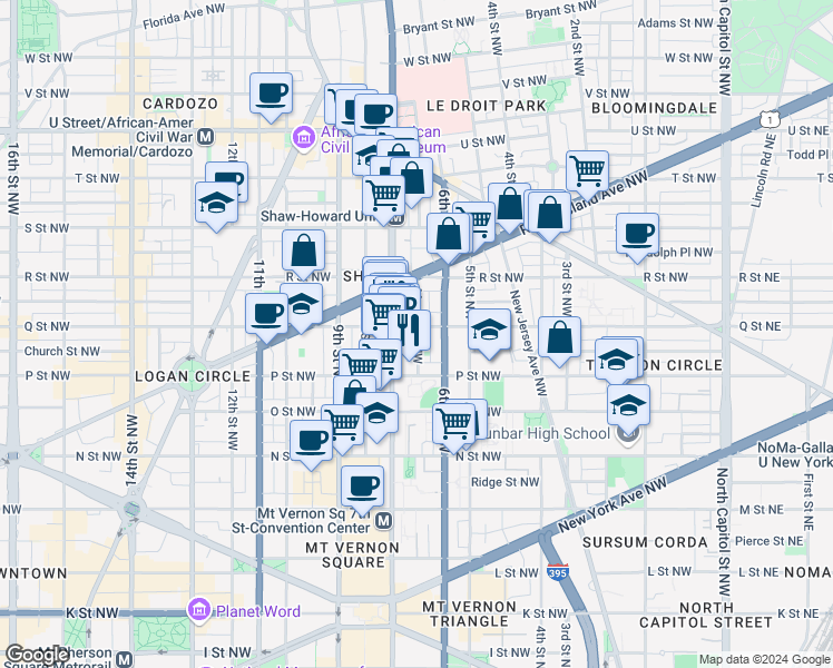 map of restaurants, bars, coffee shops, grocery stores, and more near 101 Independence Avenue Southeast in Washington