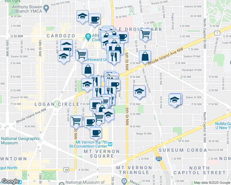 map of restaurants, bars, coffee shops, grocery stores, and more near 101 Independence Avenue Southeast in Washington
