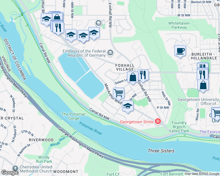map of restaurants, bars, coffee shops, grocery stores, and more near 4597 MacArthur Boulevard Northwest in Washington