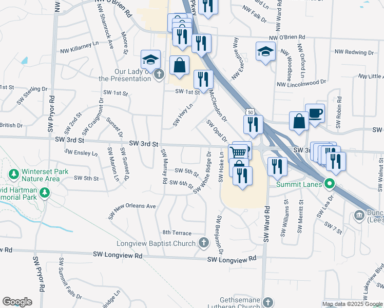 map of restaurants, bars, coffee shops, grocery stores, and more near 1400 Southwest 3rd Street in Lee's Summit