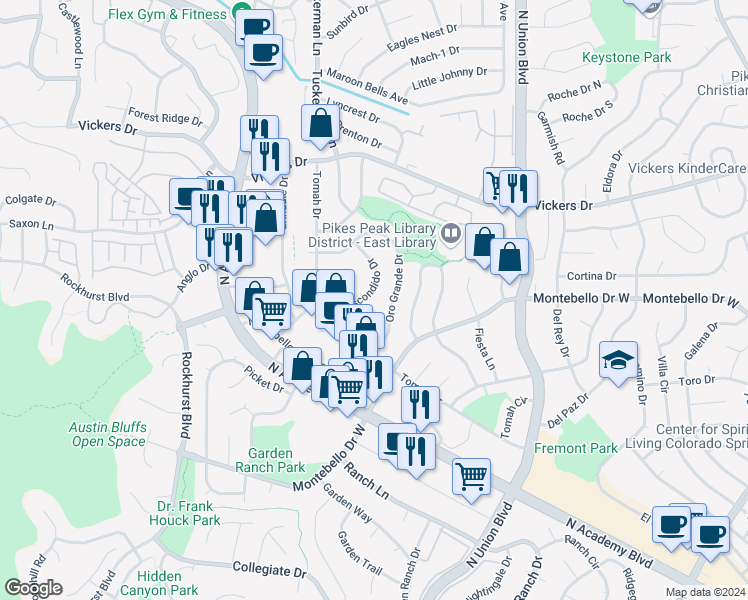 map of restaurants, bars, coffee shops, grocery stores, and more near 5485 Escondido Drive in Colorado Springs