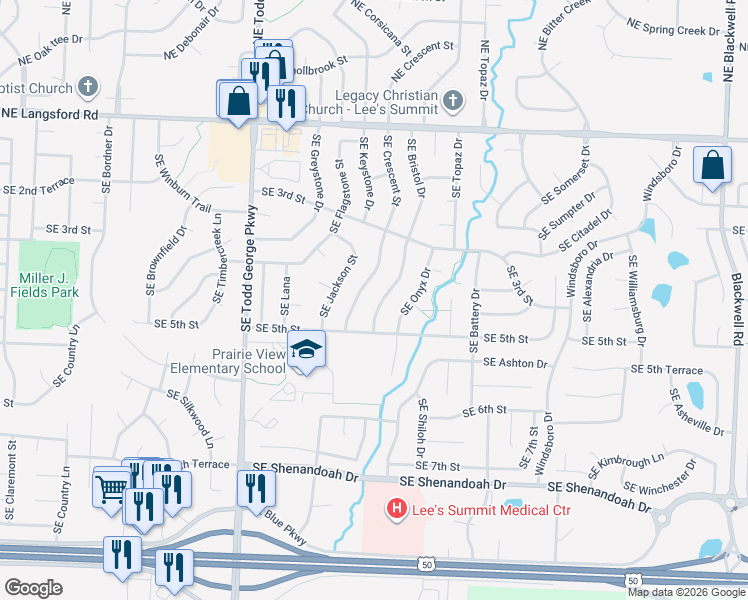 map of restaurants, bars, coffee shops, grocery stores, and more near 332 Southeast Bristol Drive in Lee's Summit