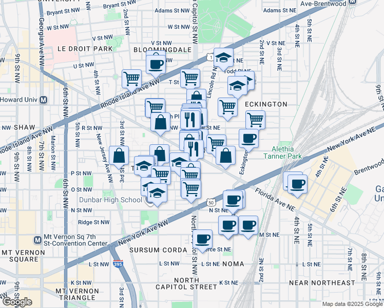 map of restaurants, bars, coffee shops, grocery stores, and more near 7 Florida Avenue Northwest in Washington