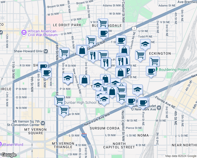 map of restaurants, bars, coffee shops, grocery stores, and more near 130 Q Street Northwest in Washington