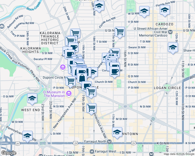 map of restaurants, bars, coffee shops, grocery stores, and more near 1545 18th Street Northwest in Washington