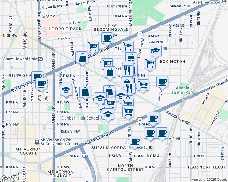 map of restaurants, bars, coffee shops, grocery stores, and more near 62 Q Street Northwest in Washington