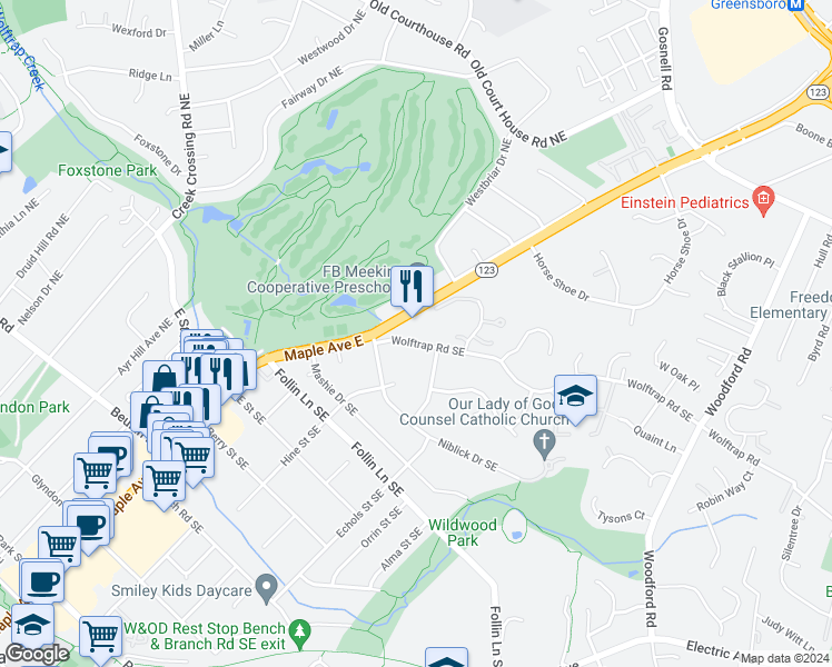 map of restaurants, bars, coffee shops, grocery stores, and more near 8736 Wolftrap Road in Vienna