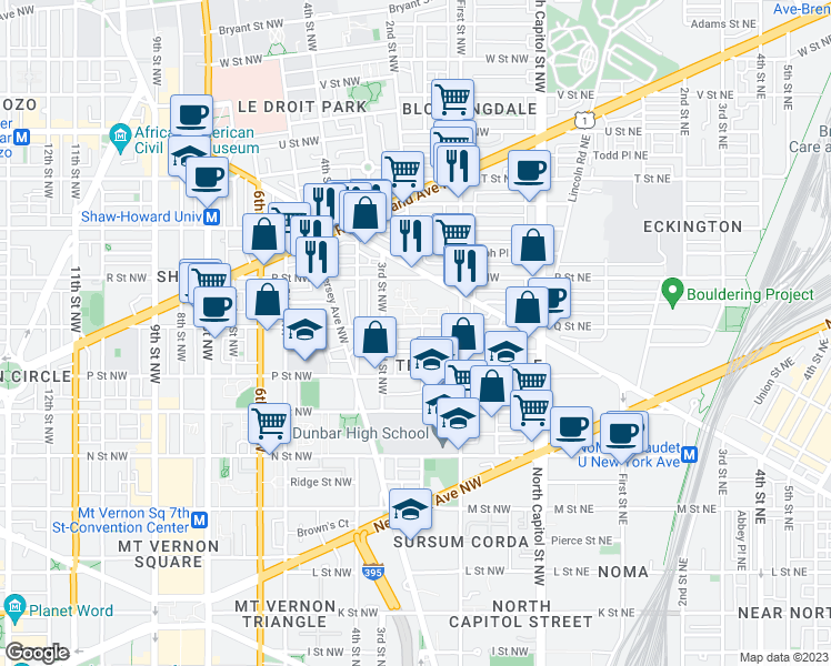 map of restaurants, bars, coffee shops, grocery stores, and more near 206 Q Street Northwest in Washington