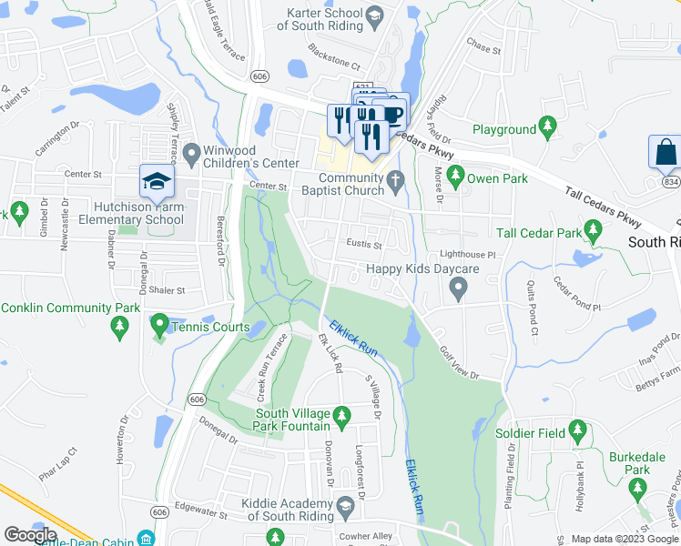 map of restaurants, bars, coffee shops, grocery stores, and more near 25542 Evans Square in Chantilly
