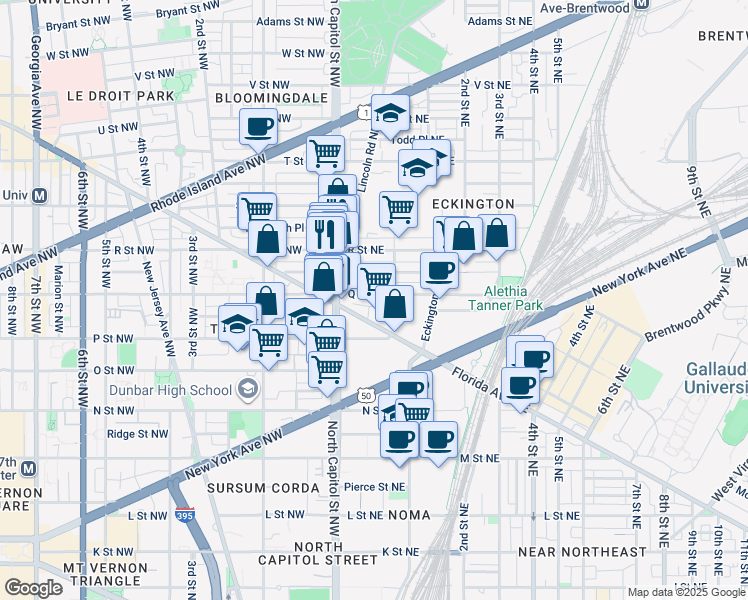 map of restaurants, bars, coffee shops, grocery stores, and more near 41 Q Street Northeast in Washington