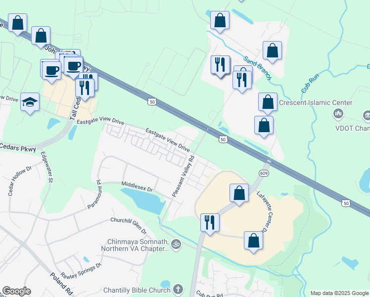 map of restaurants, bars, coffee shops, grocery stores, and more near 44091 Eastgate View Drive in Chantilly