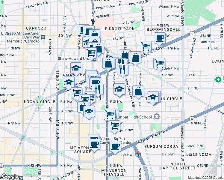 map of restaurants, bars, coffee shops, grocery stores, and more near 1546 5th Street Northwest in Washington