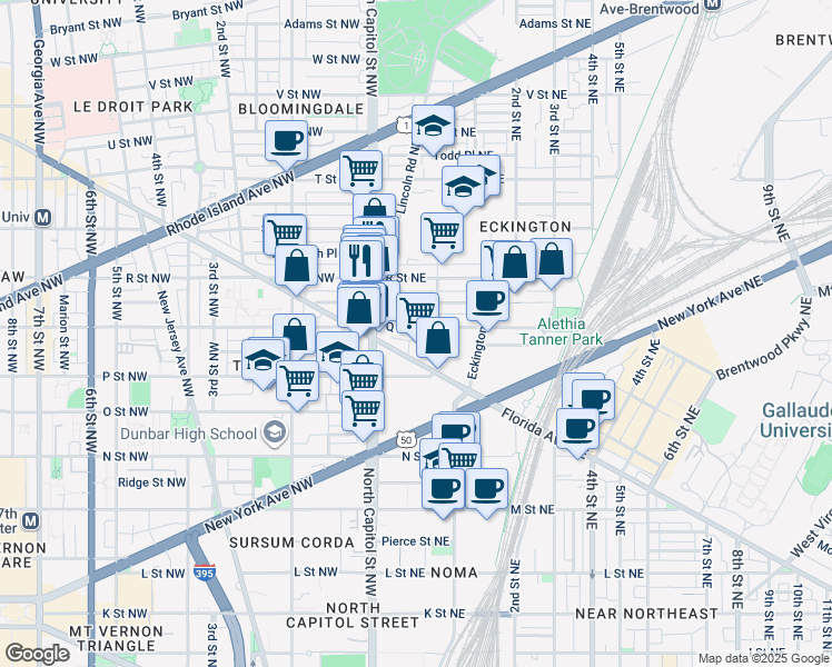 map of restaurants, bars, coffee shops, grocery stores, and more near 41 Q Street Northeast in Washington
