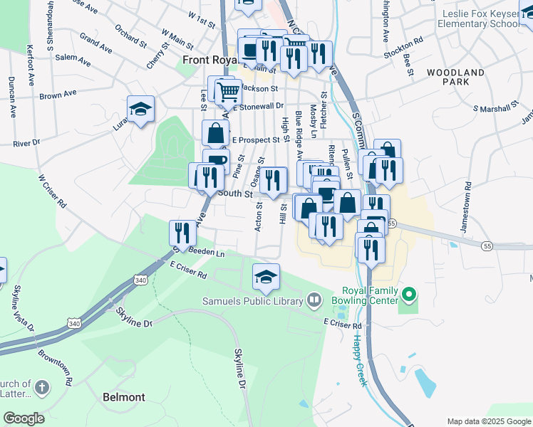 map of restaurants, bars, coffee shops, grocery stores, and more near 422 Acton Street in Front Royal