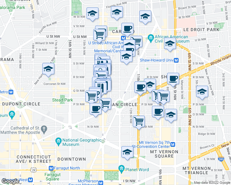 map of restaurants, bars, coffee shops, grocery stores, and more near 1310 Q Street Northwest in Washington