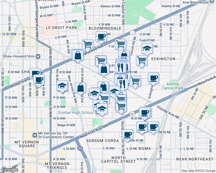 map of restaurants, bars, coffee shops, grocery stores, and more near 62 Q Street Northwest in Washington