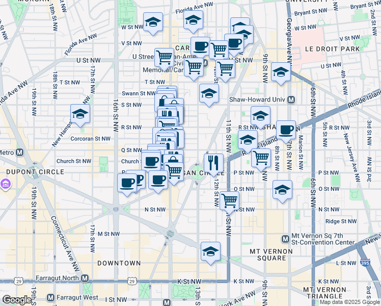 map of restaurants, bars, coffee shops, grocery stores, and more near 1310 Q Street Northwest in Washington