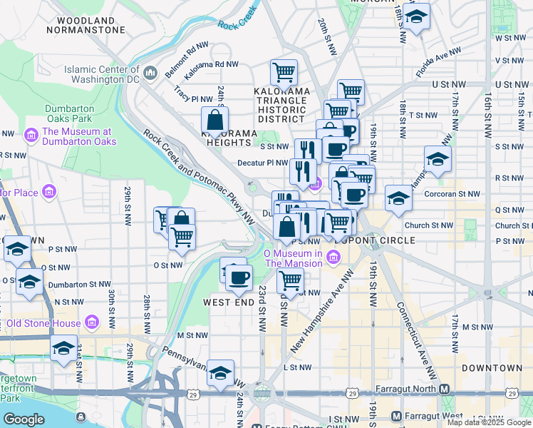 map of restaurants, bars, coffee shops, grocery stores, and more near 2228 Q Street Northwest in Washington