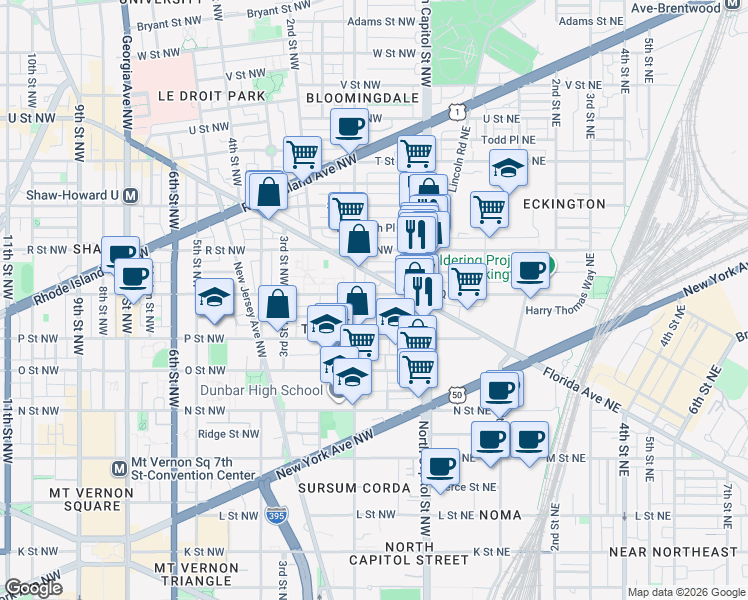 map of restaurants, bars, coffee shops, grocery stores, and more near 101 Independence Avenue Southeast in Washington