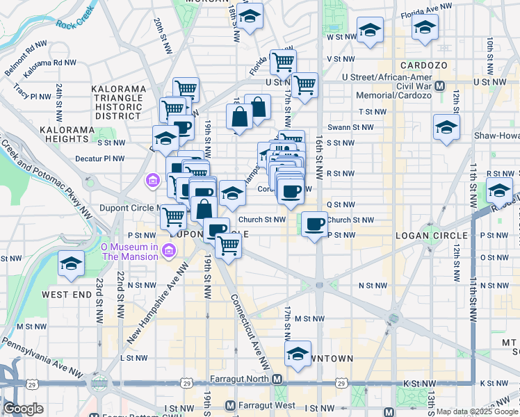 map of restaurants, bars, coffee shops, grocery stores, and more near 1738 Q Street Northwest in Washington