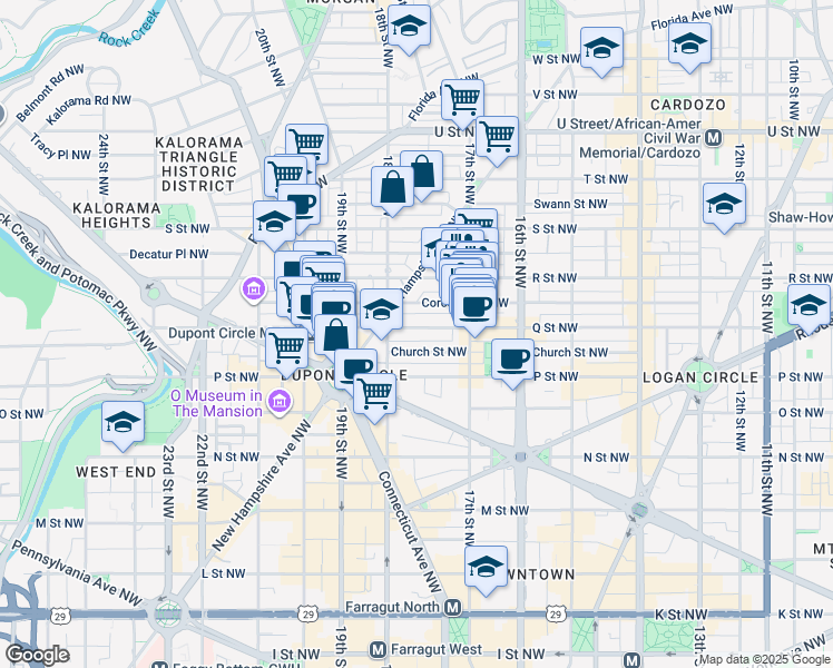 map of restaurants, bars, coffee shops, grocery stores, and more near 1748 Q Street Northwest in Washington