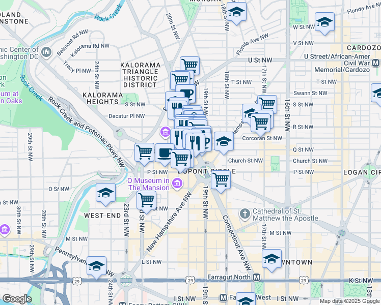 map of restaurants, bars, coffee shops, grocery stores, and more near 1525 20th Street Northwest in Washington