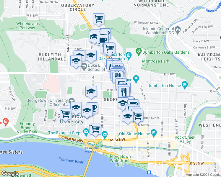map of restaurants, bars, coffee shops, grocery stores, and more near 3313 Q Street Northwest in Washington
