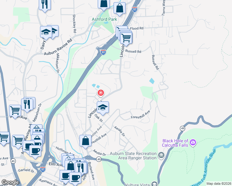 map of restaurants, bars, coffee shops, grocery stores, and more near 109 Lincoln Way in Auburn