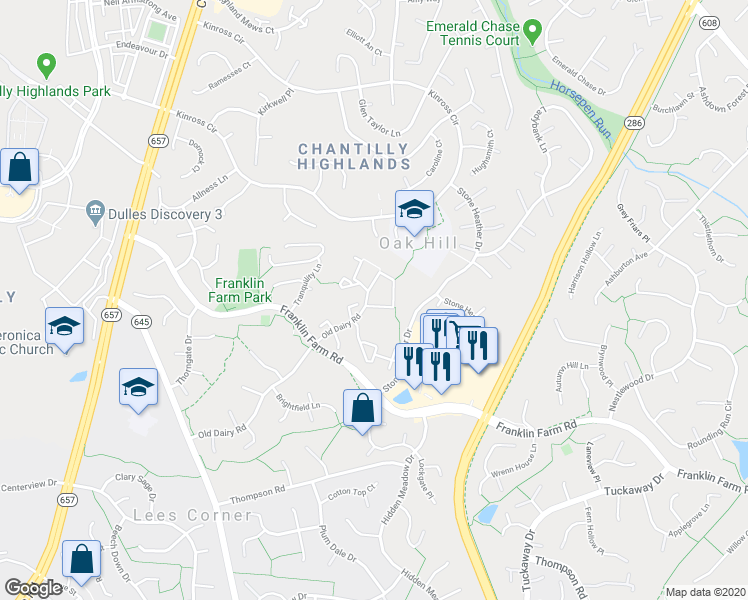 map of restaurants, bars, coffee shops, grocery stores, and more near 3289 Tayloe Court in Herndon