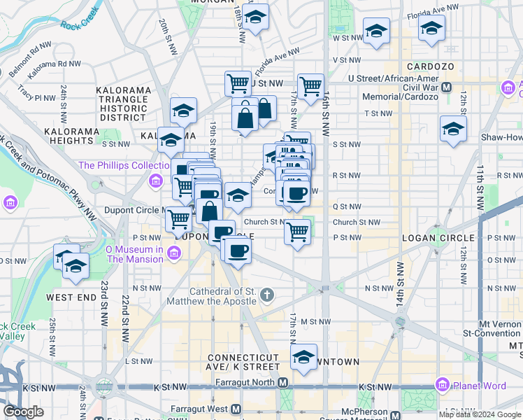 map of restaurants, bars, coffee shops, grocery stores, and more near 1746 Q Street Northwest in Washington