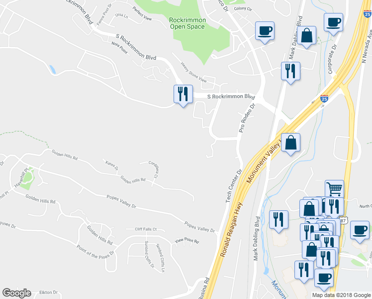 map of restaurants, bars, coffee shops, grocery stores, and more near 5536 Tech Center Drive in Colorado Springs
