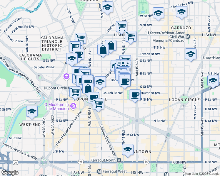 map of restaurants, bars, coffee shops, grocery stores, and more near 1746 Q Street Northwest in Washington