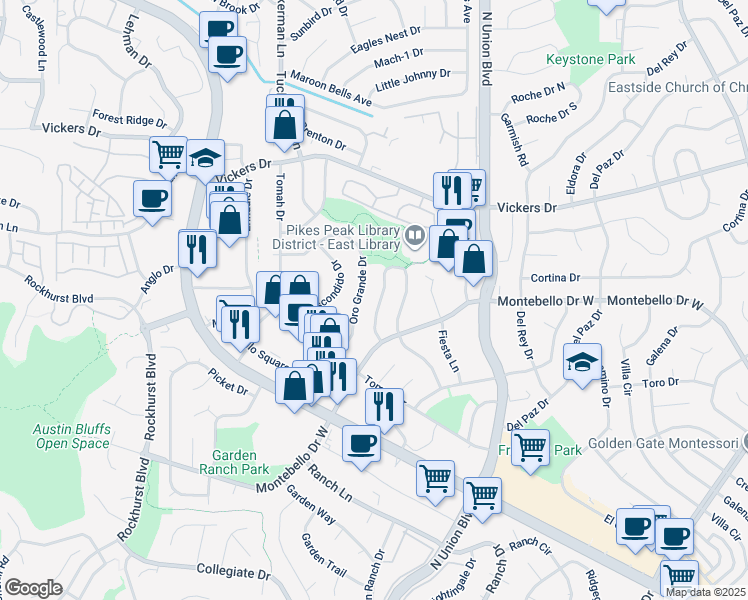 map of restaurants, bars, coffee shops, grocery stores, and more near 5536 Descanso Circle West in Colorado Springs