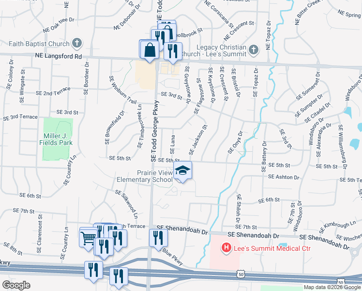 map of restaurants, bars, coffee shops, grocery stores, and more near 330 Southeast Jackson Court in Lee's Summit