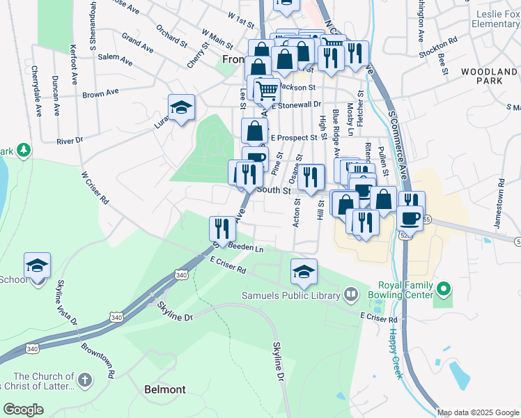 map of restaurants, bars, coffee shops, grocery stores, and more near 514 Carter Street in Front Royal