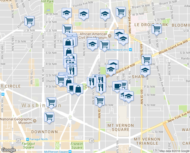 map of restaurants, bars, coffee shops, grocery stores, and more near 1527 12th Street Northwest in Washington