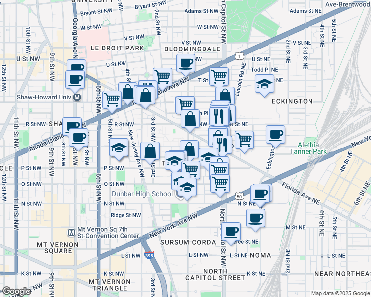 map of restaurants, bars, coffee shops, grocery stores, and more near 1546 1st Street Northwest in Washington