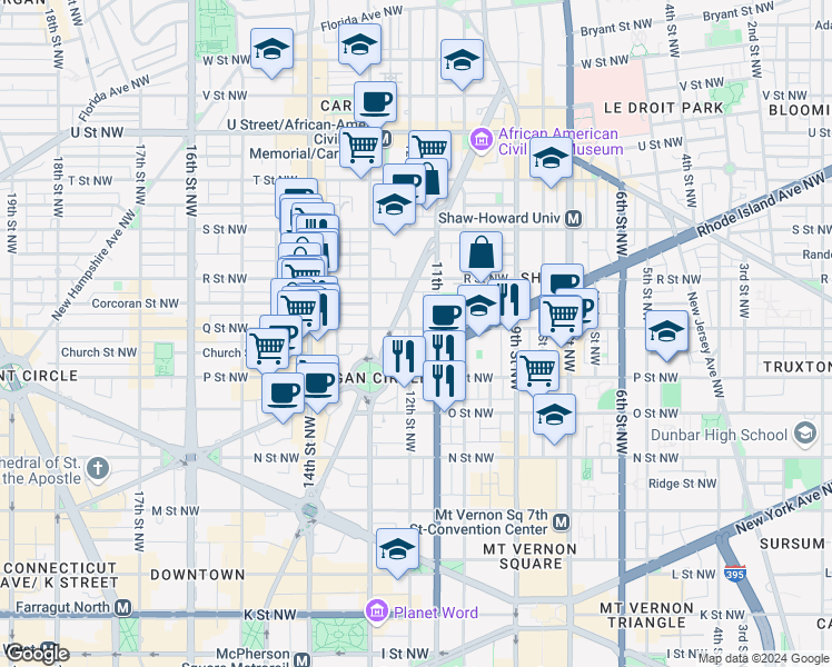 map of restaurants, bars, coffee shops, grocery stores, and more near 1527 12th Street Northwest in Washington