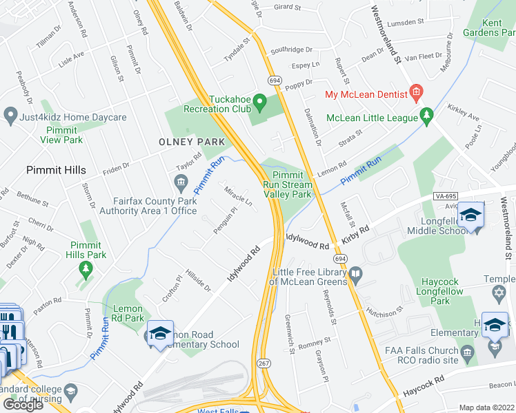 map of restaurants, bars, coffee shops, grocery stores, and more near 2007 Miracle Lane in Falls Church