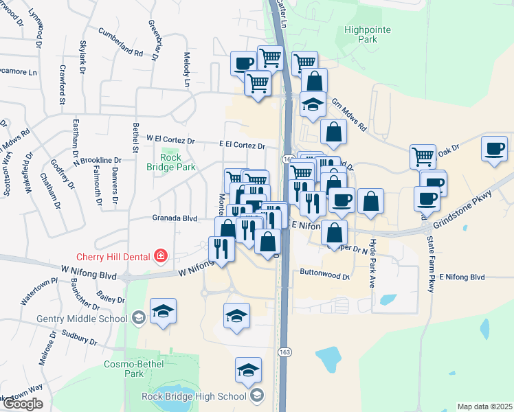 map of restaurants, bars, coffee shops, grocery stores, and more near 205 East Nifong Boulevard in Columbia