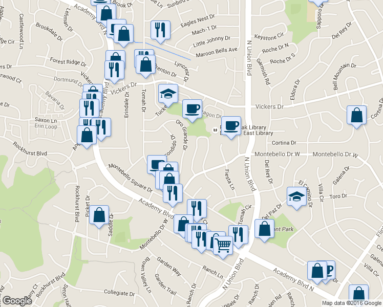 map of restaurants, bars, coffee shops, grocery stores, and more near 5536 Descanso Circle West in Colorado Springs
