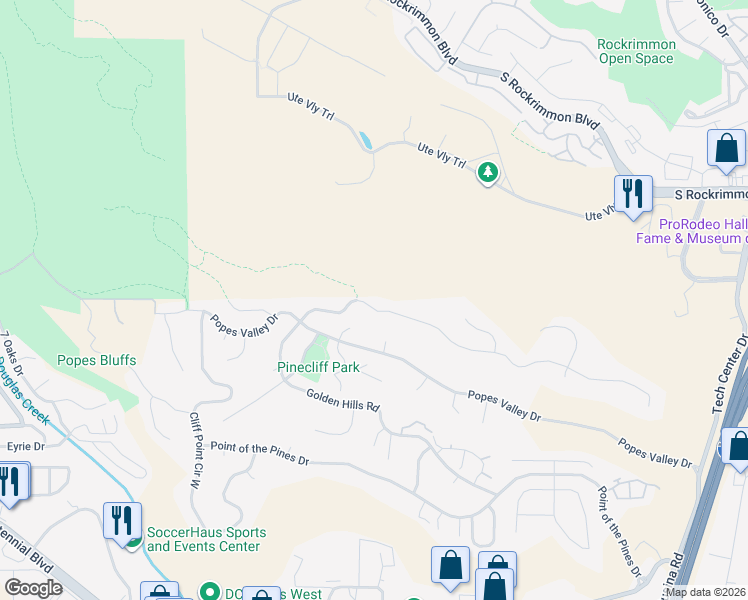 map of restaurants, bars, coffee shops, grocery stores, and more near 1165 Golden Hills Road in Colorado Springs