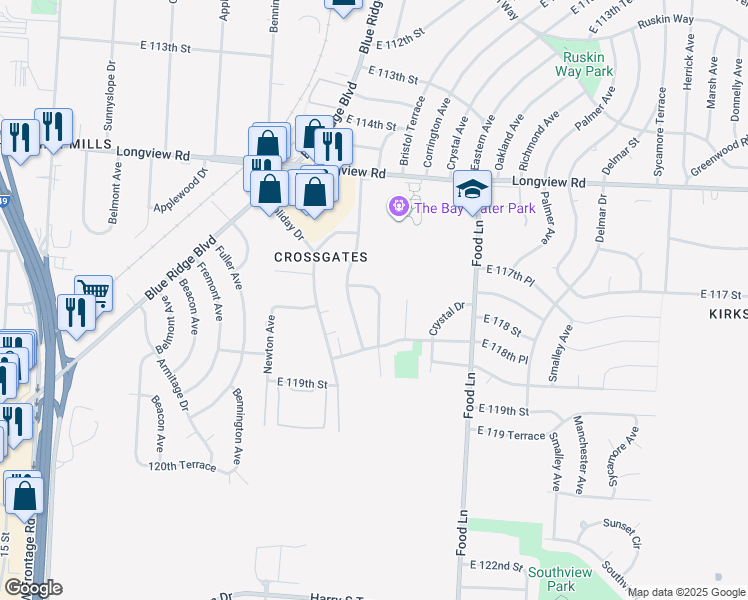 map of restaurants, bars, coffee shops, grocery stores, and more near 7011 Bristol Terrace in Kansas City