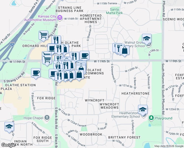 map of restaurants, bars, coffee shops, grocery stores, and more near 14525 West 120th Street in Olathe
