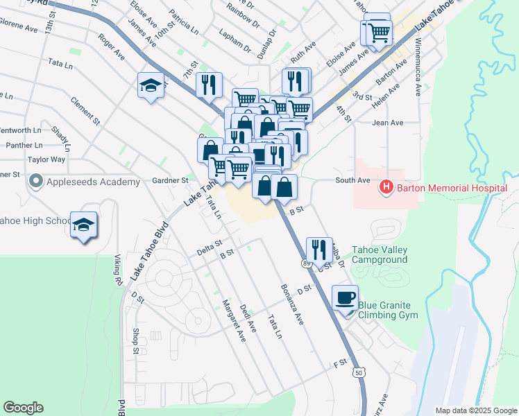 map of restaurants, bars, coffee shops, grocery stores, and more near 1056 Emerald Bay Road in South Lake Tahoe