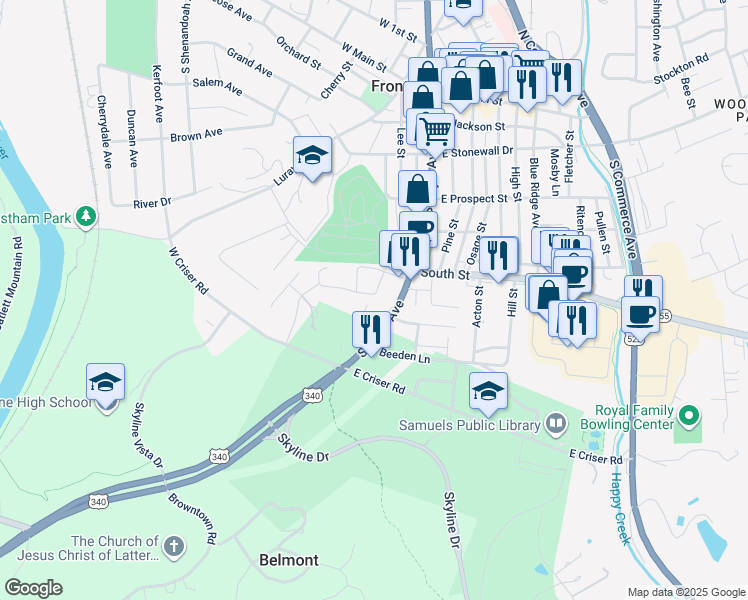 map of restaurants, bars, coffee shops, grocery stores, and more near 110 Elsia Drive in Front Royal
