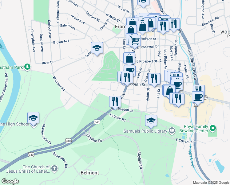 map of restaurants, bars, coffee shops, grocery stores, and more near 118 Elsia Drive in Front Royal