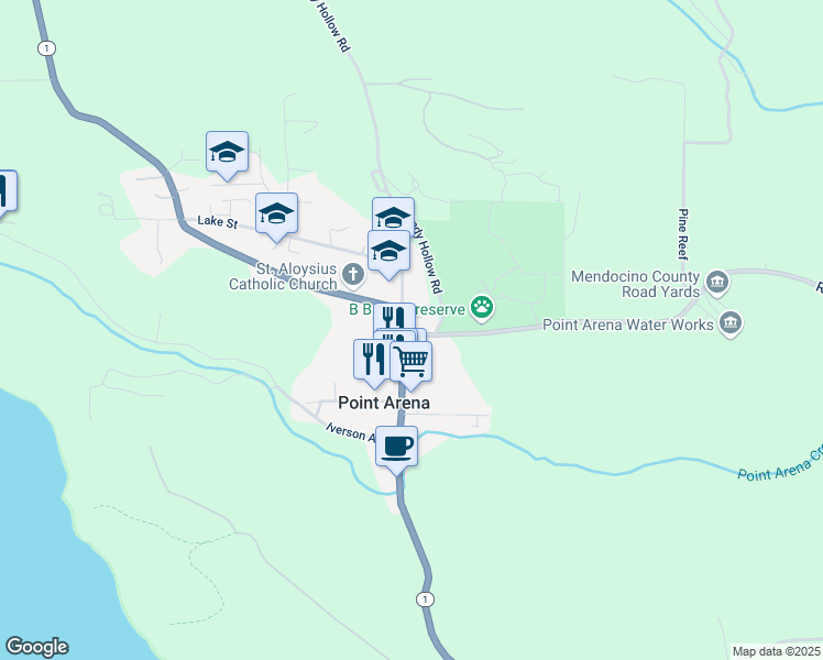 map of restaurants, bars, coffee shops, grocery stores, and more near 10 Riverside Drive in Point Arena
