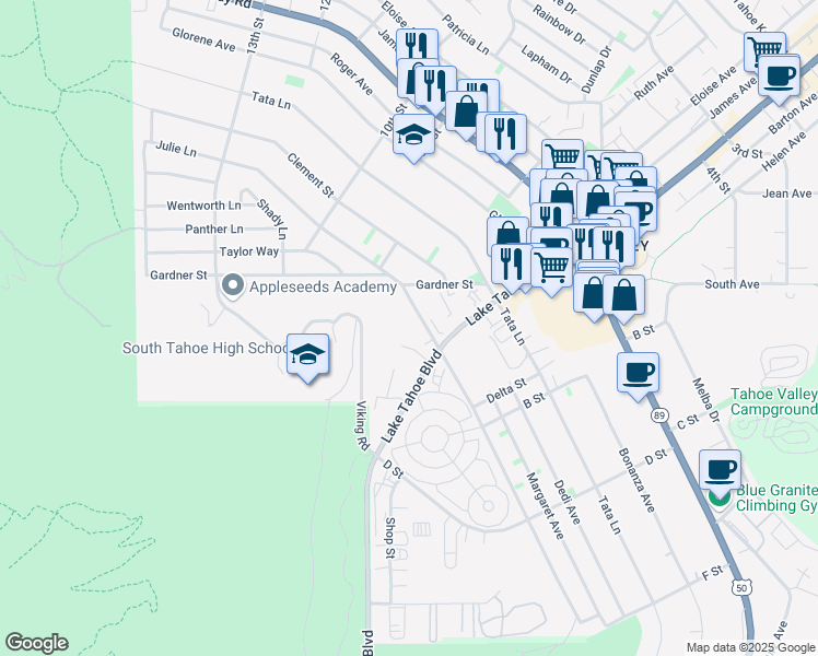 map of restaurants, bars, coffee shops, grocery stores, and more near 940 Julie Lane in South Lake Tahoe
